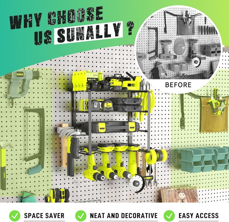 SUNALLY Store Power Tool Organizer, 4 Drill Holder Wall Mount, Garage Tool Organizer and Storage with Screwdriver Holder, Garage Organization, 4 Layer Cordless Drill Holder with Hammer Holder - Image 3